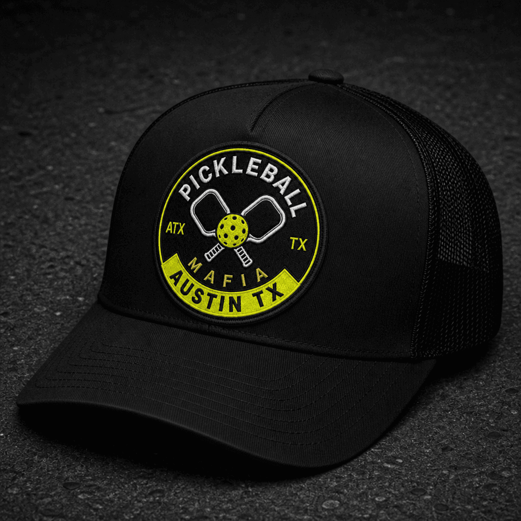 Black Pickleball Mafia chapter trucker with Austin TX crest and rocker