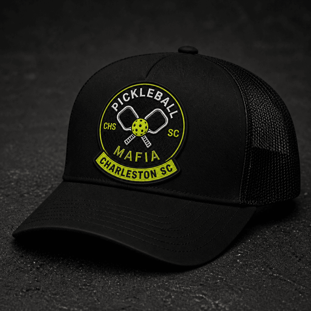 Black Pickleball Mafia chapter trucker with Charleston SC crest and rocker