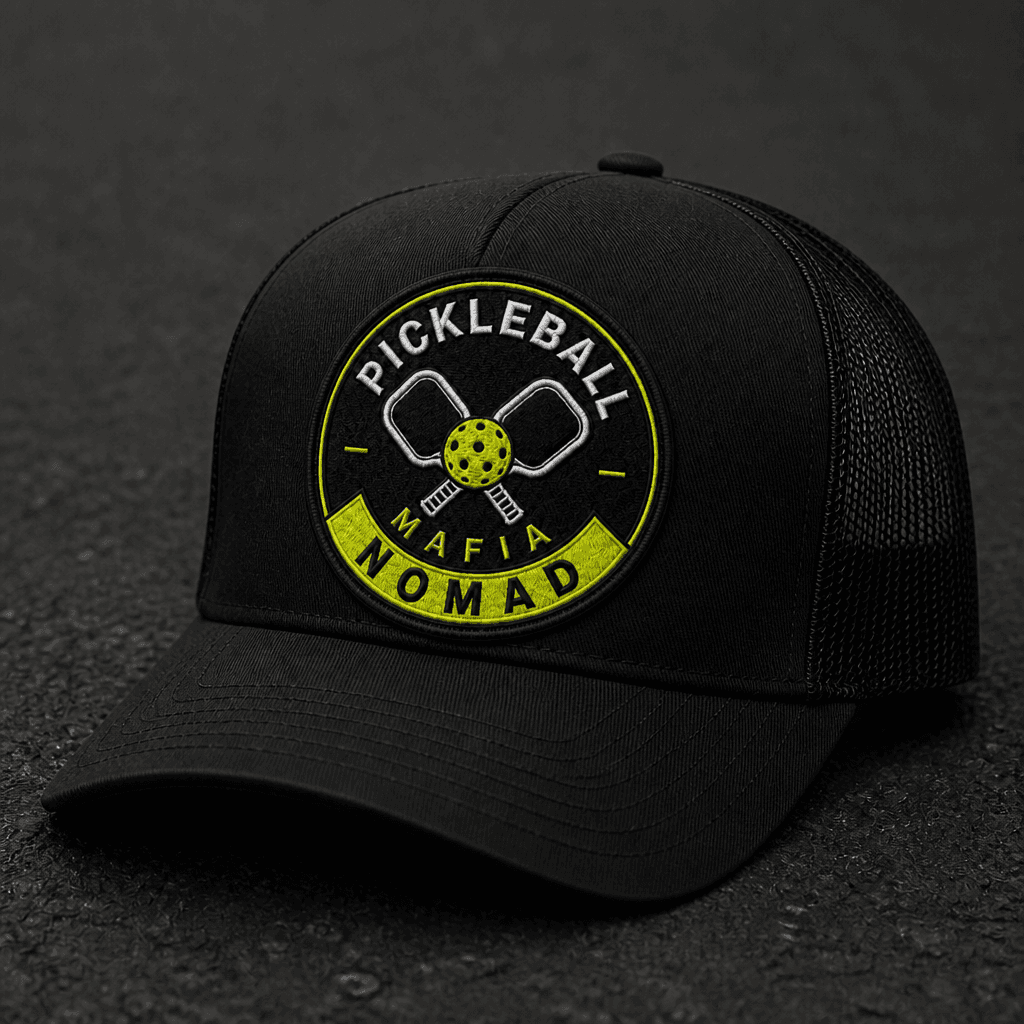 Black Pickleball Mafia chapter trucker with Nomad crest and rocker