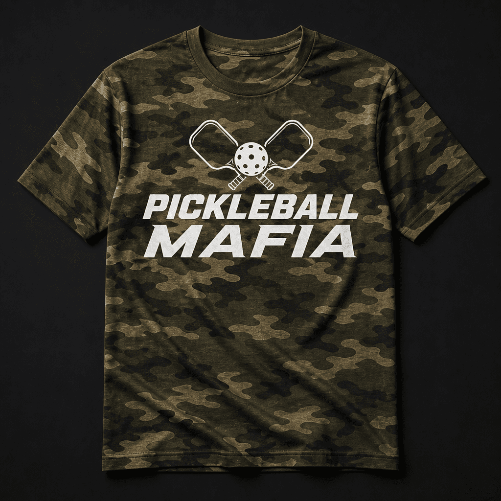 Woodland camo Pickleball Mafia support tee with bone white logo