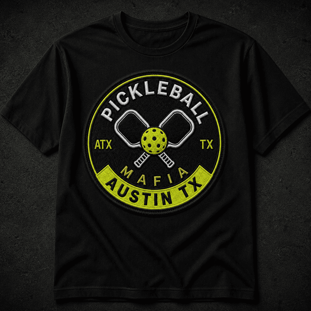 Black Pickleball Mafia chapter tee with Austin TX crest and rocker