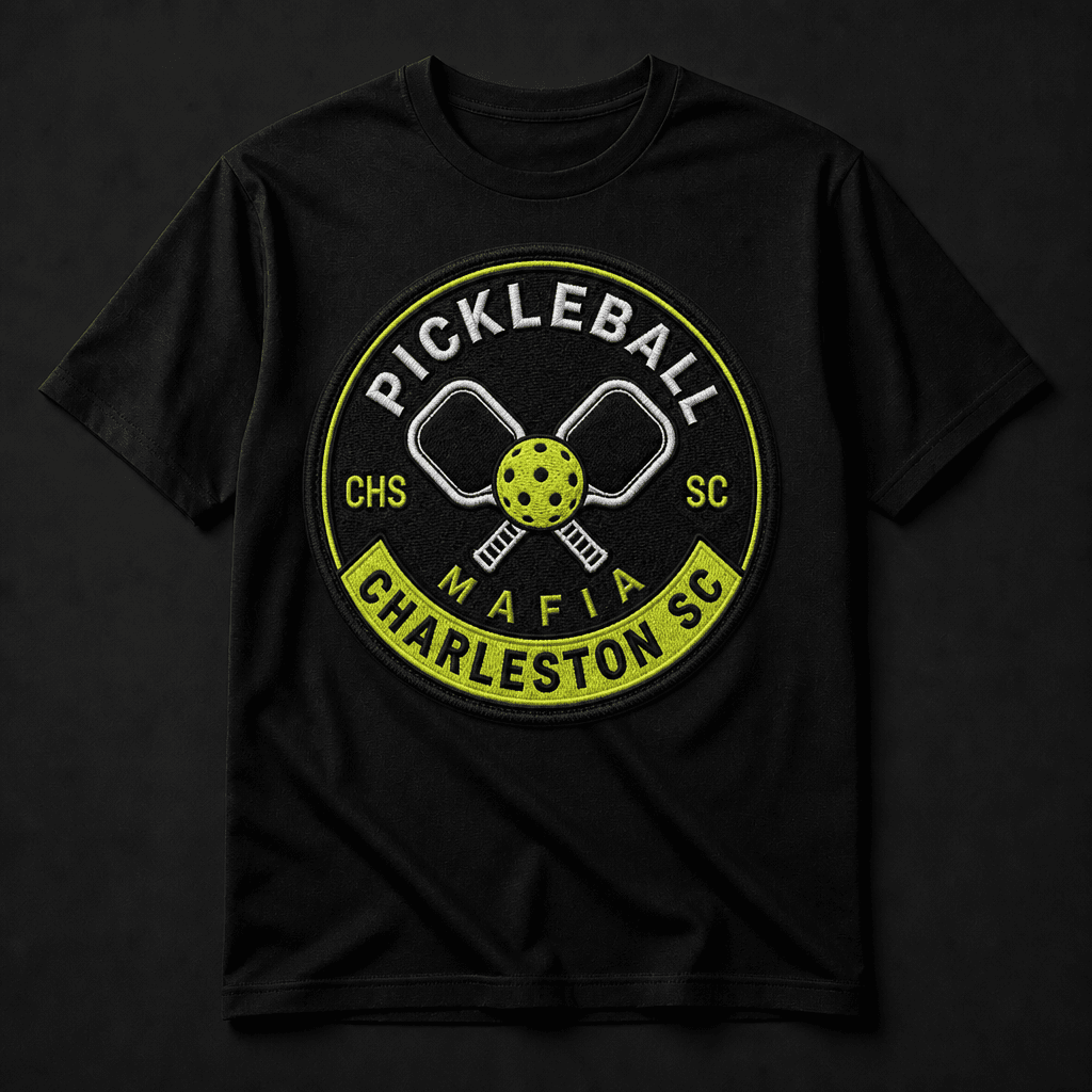 Black Pickleball Mafia chapter tee with Charleston SC crest and rocker