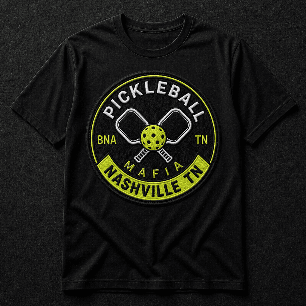 Black Pickleball Mafia chapter tee with Nashville TN crest and rocker