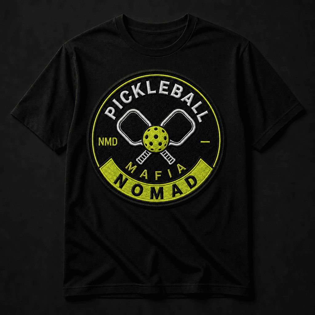 Black Pickleball Mafia chapter tee with Nomad crest and rocker